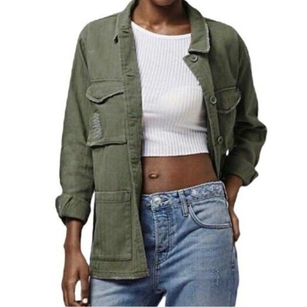TOPSHOP Green Utility Distressed Button Down Jacket Women's Size US 4